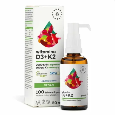 Witamina D3 2000 IU plus K2 Vegan Krople 50 ml - Aura Herbals