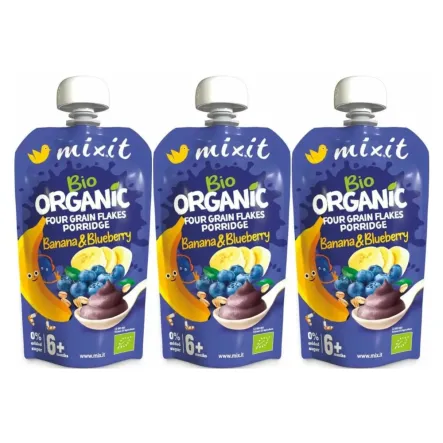 3 x BIO Kaszka Czteroziarnista Banan i Jagoda Bez Dodatku Cukru 110 g - Mixit