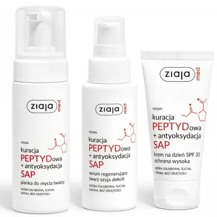 Krem na Dzień SPF30 KURACJA PEPTYDOWA 50 ml + Pianka do Mycia Twarzy KURACJA PEPTYDOWA 150 ml + Serum Regenerujące Twarz, Szyja i Dekolt KURACJA PEPTYDOWA 50 ml - Ziaja MED