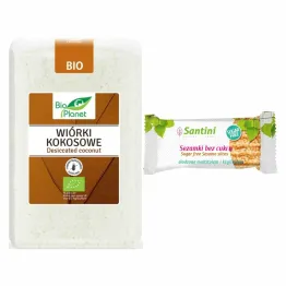 Wiórki Kokosowe Bezglutenowe Bio 1 kg Bio Planet + Sezamki Bez Dodatku Cukru z Ksylitolem i Maltitolem 27 g - Santini