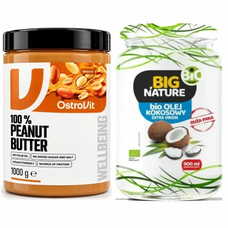 Krem z Orzeszków Arachidowych Gładki Bez Dodatku Cukru i Soli 1 kg - OstroVit + Olej Kokosowy Extra Virgin Nierafinowany Zimnotłoczony Bio 900 ml - Big Nature
