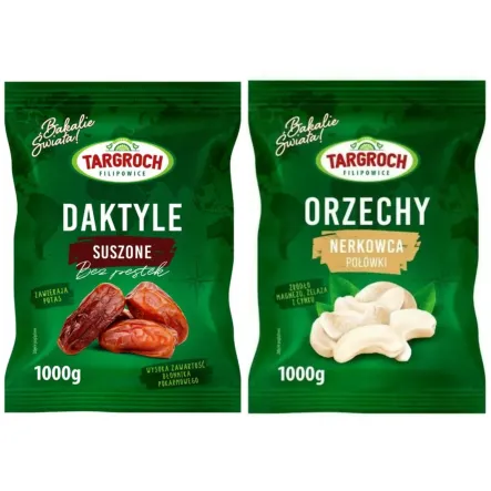 Zestaw Daktyle Suszone Bez Pestek 1 kg Flowpack - Targroch + Orzechy Nerkowca Połówki 1 kg - Targroch