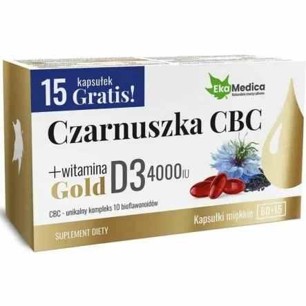 Czarnuszka CBC Gold+ Witamina D3 4000 IU 75 Kapsułek - EkaMedica