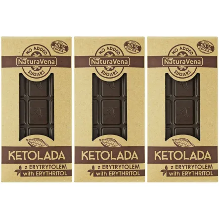 Zestaw 3 x KETOLADA Czekolada Gorzka 60% z Erytrytolem 100 g - NaturAvena