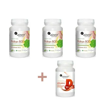3 x PrenaCare® Folian 800 µg 60 Tabletek Vege + D3 2000IU 60 Kapsułek + Witamina D3 Forte Oil 4000 j.m. 120 Kapsułek - Aliness
