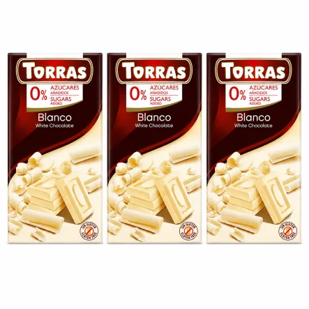 3 x Czekolada Biała Bez Dodatku Cukru 75 g - Torras