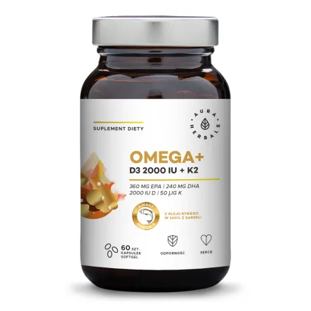 Omega+ D3 2000 IU+ K2 60 Kapsułek Aura Herbals