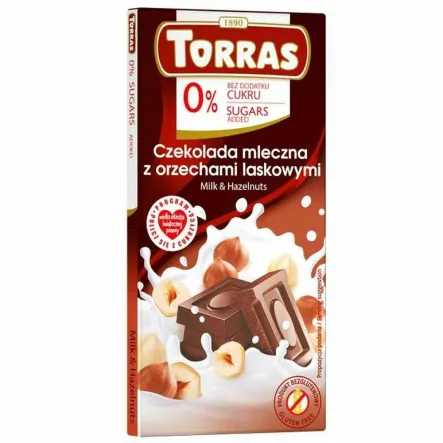 Czekolada Mleczna z Orzechami Laskowymi Bez Dodatku Cukru 75 g - Torras