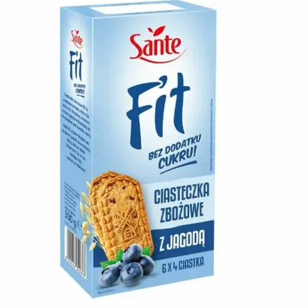 Fit Ciasteczka Zbożowe z Jagodą Bez Dodatku Cukru 300 g - Sante