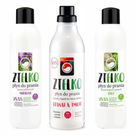 ZIELKO Płyn do Prania Tkanin Kolorowych Marakuja 1 l + ZIELKO Płyn do Prania Tkanin Czarnych i Ciemnych Granat i Imbir 1 l + ZIELKO Płyn do Prania Tkanin Białych i Jasnych KIWI 1 l - Sylveco