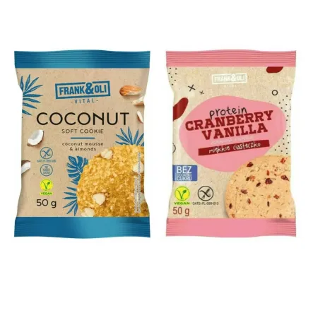 Ciasteczko Kokosowe z Migdałami Bezglutenowe Bez Dodatku Cukru 50 g+ Ciastko Proteinowe Żurawina i Wanilia Bez Dodatku Cukru Bezglutenowe 50 g - Frank&Oli