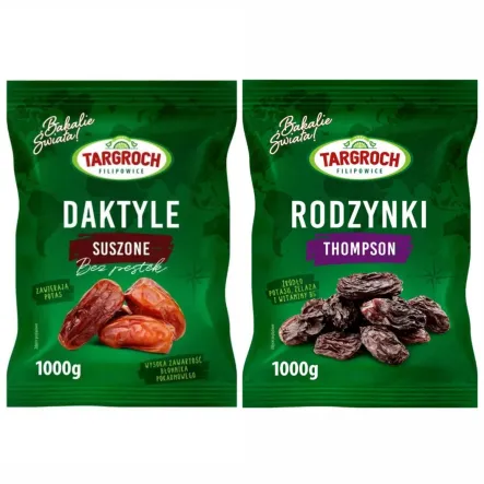 Zestaw Rodzynki Thompson Niesiarkowane 1 kg - Targroch + Daktyle Suszone Bez Pestek 1 kg Flowpack - Targroch