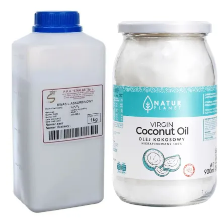 Zestaw Kwas L-Askorbinowy 1 kg CZDA  Stanlab + Olej Kokosowy Nierafinowany Virgin 100% Tłoczony na Zimno 900 ml - Natur Planet