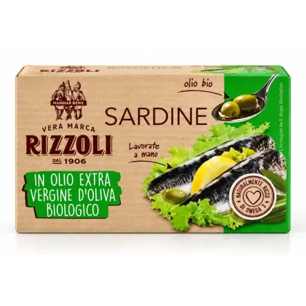 Sardynki w Ekologicznej Oliwie z Oliwek Extra Virgin 120 g (85 g) - Rizzoli