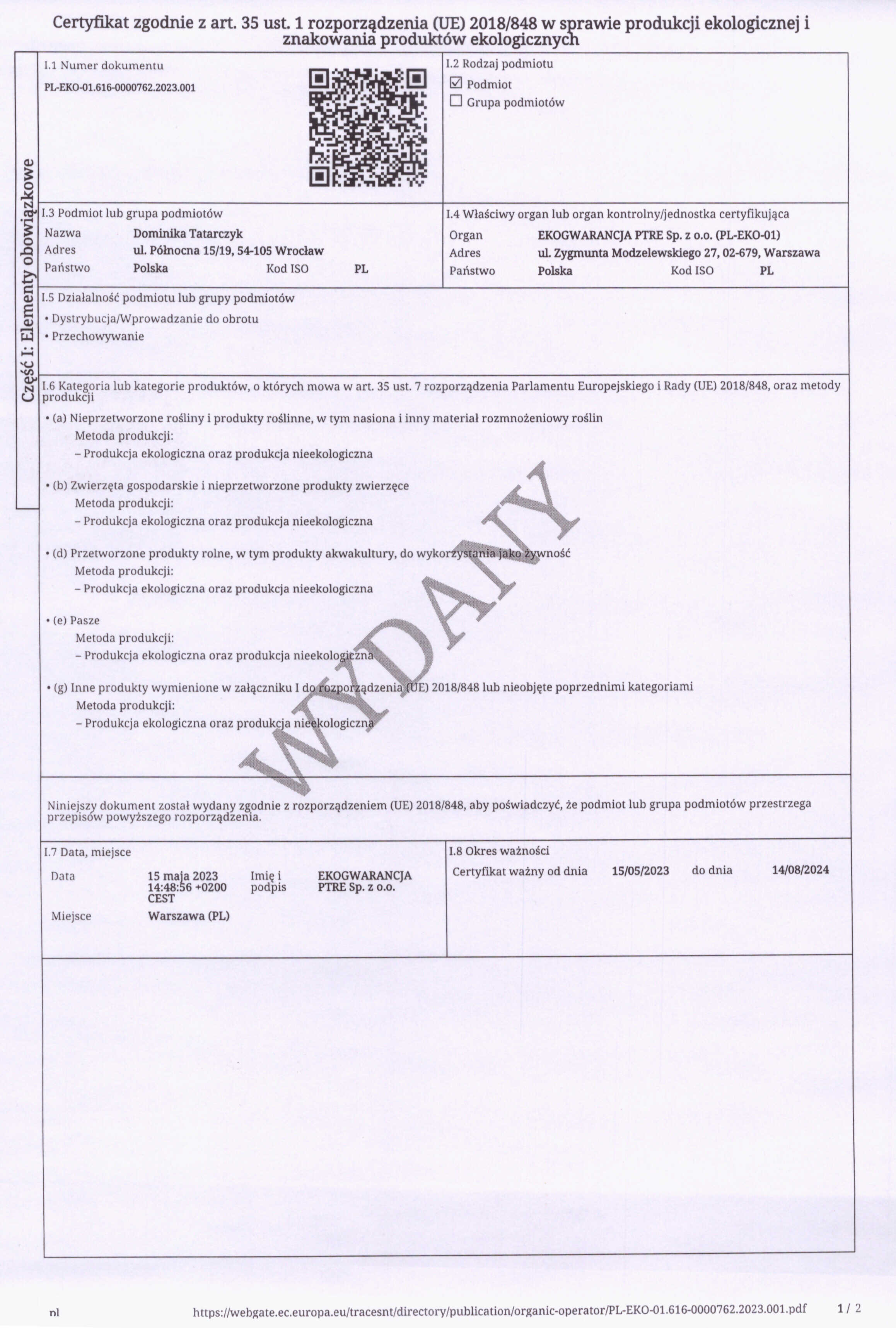 certyfikat ekologiczny ADAKA Dominika Tatarczyk sklep internetowy marketbio.mom PL-EKO-01.616-0000762.2023.001 1.1