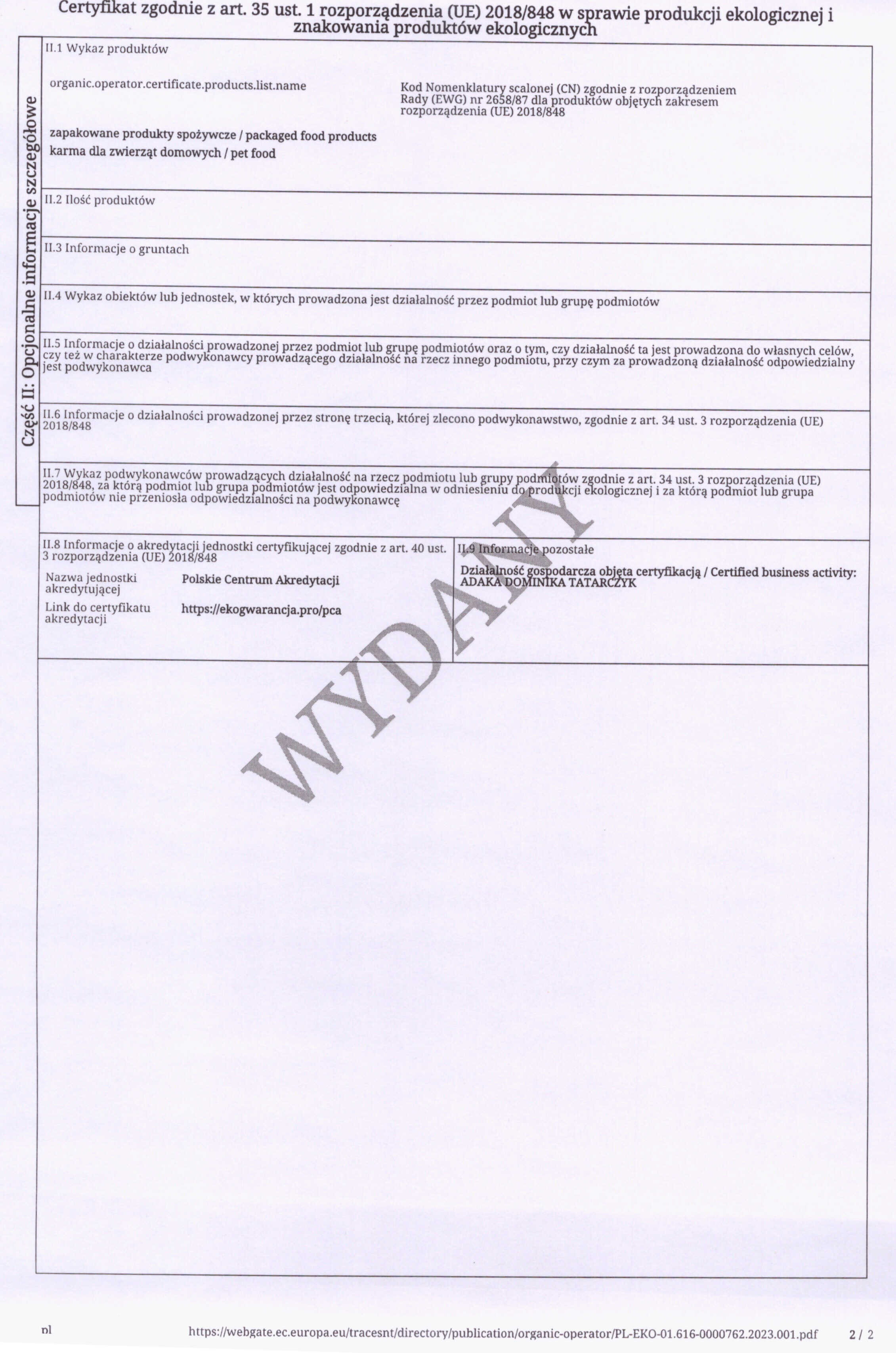 certyfikat ekologiczny ADAKA Dominika Tatarczyk sklep internetowy marketbio.mom PL-EKO-01.616-0000762.2023.001 1.2