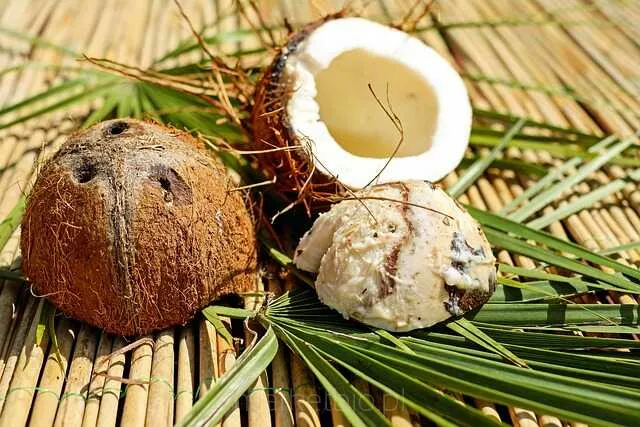 Rozłupany kokos z widocznym miąższem – naturalny składnik diety i zdrowych deserów