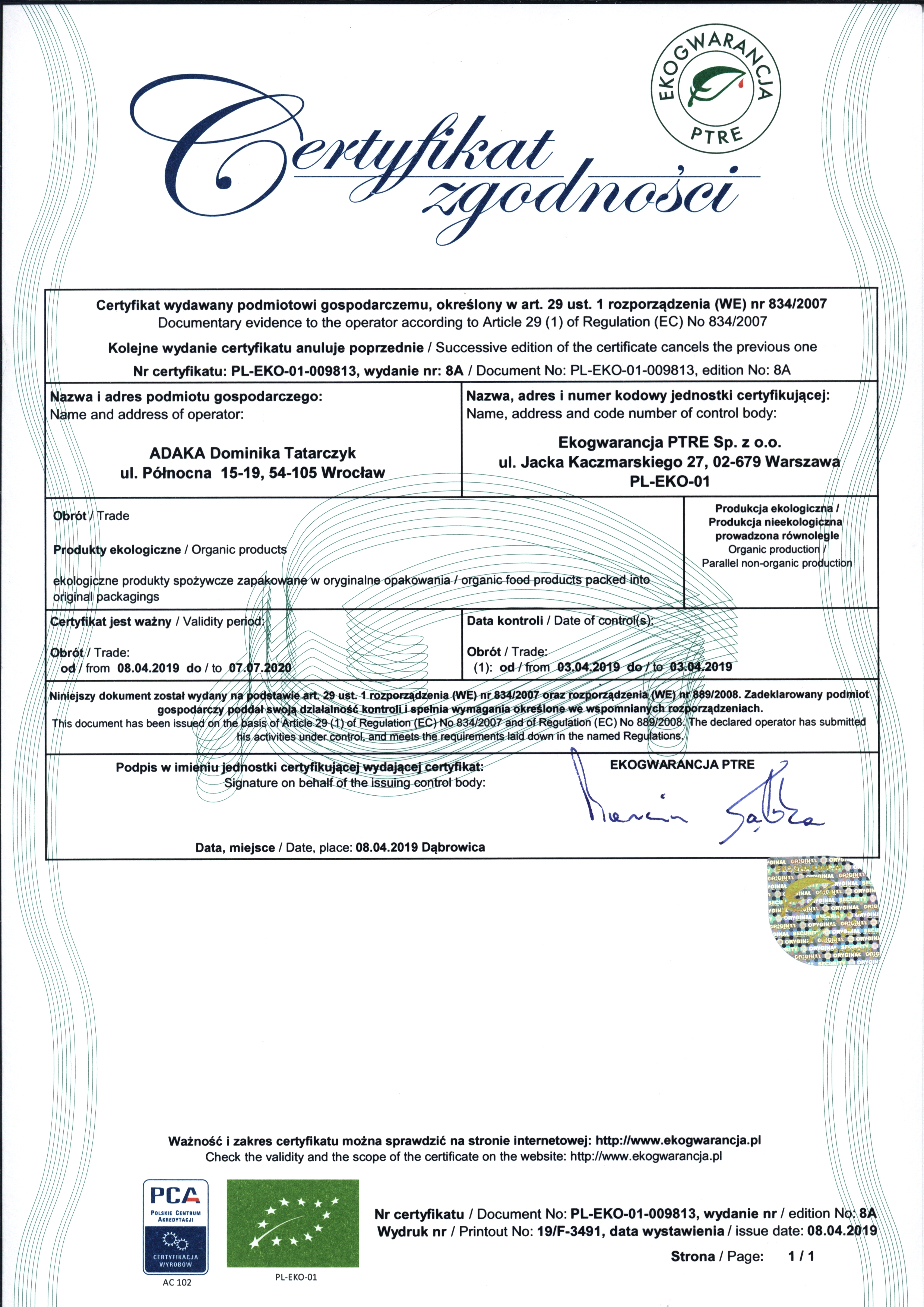 certyfiakt ekologiczny ADAKA 2019 marketbio.mom