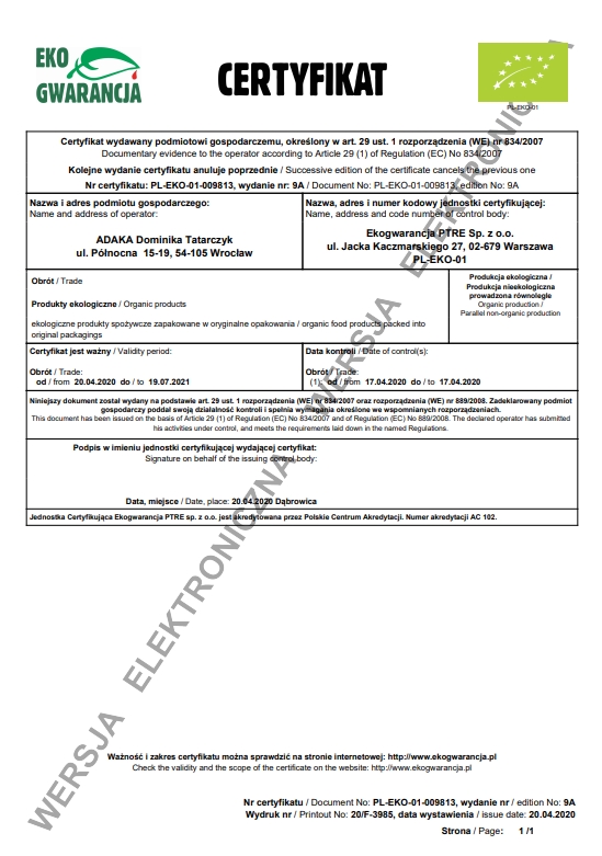 certyfikat ekologiczny marketbio adaka